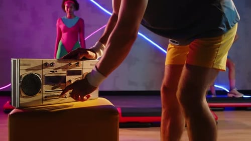 Retro Fitness Workout with Boombox and Step Aerobics