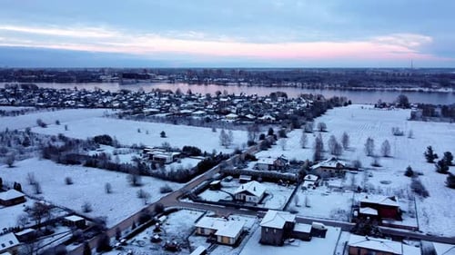 Snowy Suburban Community Aerial View