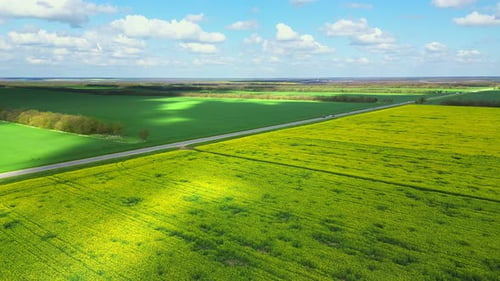 Landscape of Nature Concept Luftbild Quadcopter, der an sonnigen Tagen über eine grüne Wiese fliegt