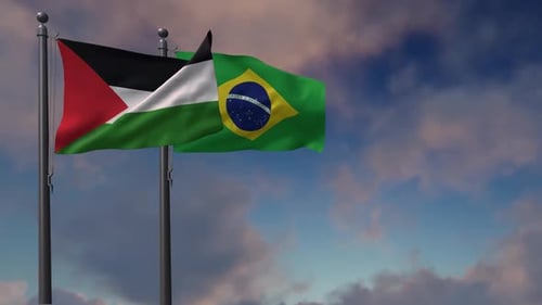 Realistic Waving Flags of Palestine and Brazil