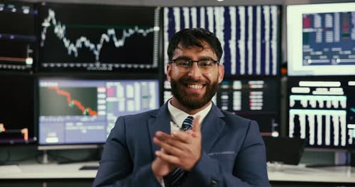 Man, face and trading success with computer for stock market, finance increase