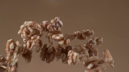 Raw walnut kernels falling in slow motion