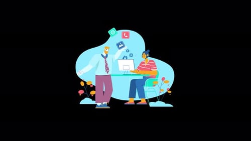 Illustration of a man assisting a woman with technology