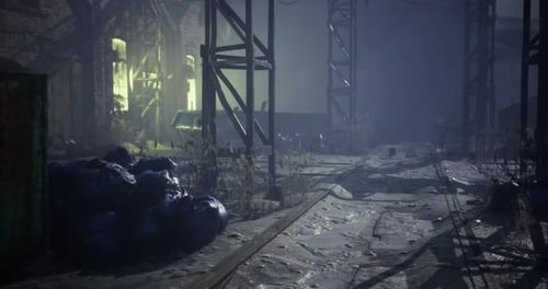 Abandoned Industrial Area with Overgrown Vegetation and Dim Lighting