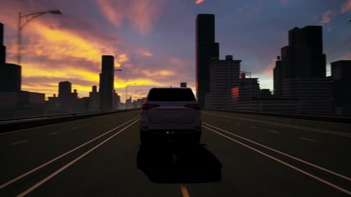 3D Animated Car Driving Through City at Sunset