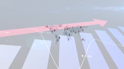 Animation of financial data processing with red arrow over location pins on world map