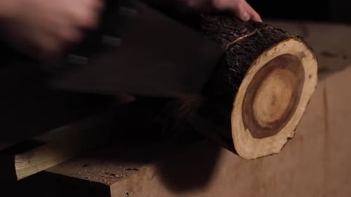 Manually sawing a log of wood with bare hands in a woodworking carpentry workshop