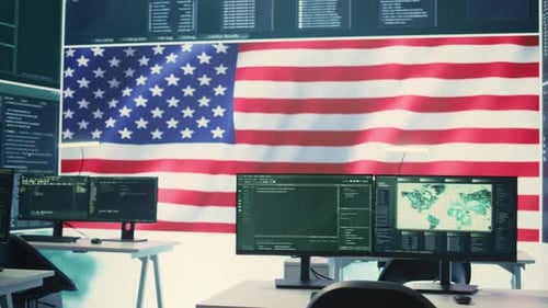 Cybersecurity Office Featuring US Flag and Multiple Screens