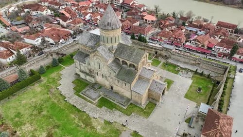 Aerial View Mtskheta's Timeless Grandeur Ancient Cathedral By the River