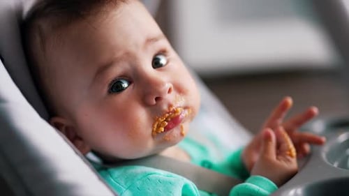 Cute Infant Eating in Highchair Getting Wiped Clean
