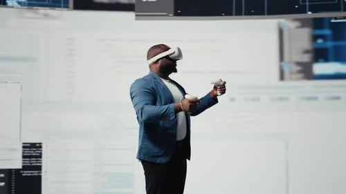 African American Programmer Engaging in Virtual Reality with a Headset