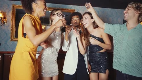 Happy friends celebrating in a cocktail bar