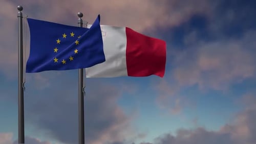 European Union And France Flags Waving In Sky