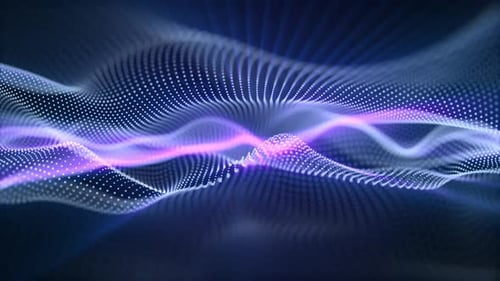 Fondo de flujo de partículas abstracto en bucle con elegantes ondas, efecto de brillo azul brillante y rosa púrpura