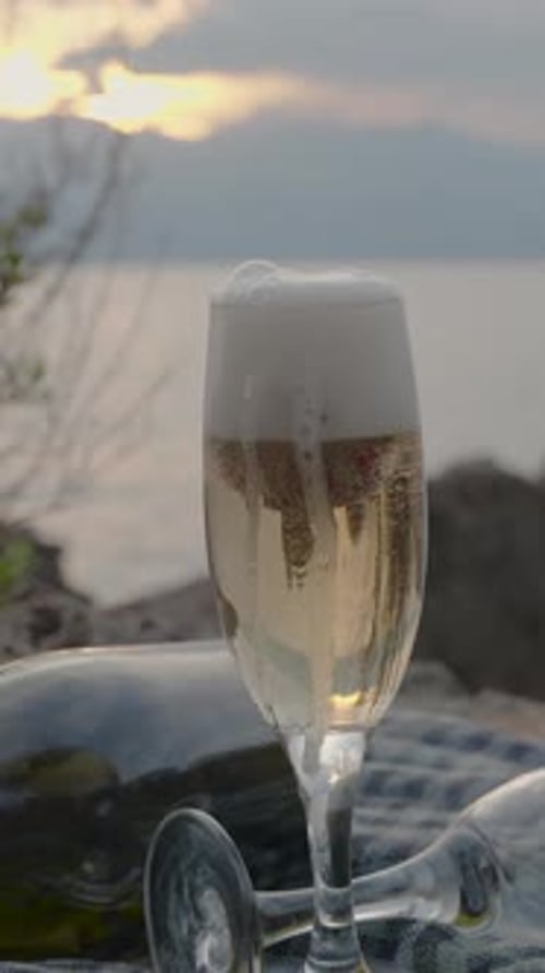 Vertical video. Champagne in the Glass Bubbles as Strawberries Are Thrown in. A Romantic Date.