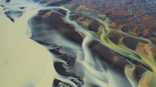 Aerial view of water formation at river estuary, Akurey, Iceland.