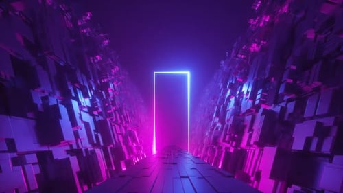 Cyberpunk portal awaits in neon purple futuristic city