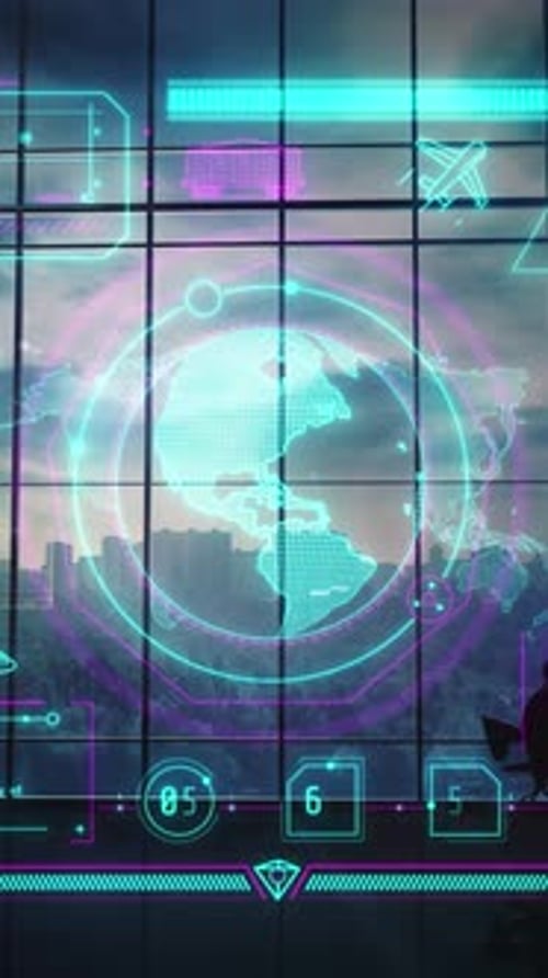 Futuristic Global Data Interface with Neon HUD Elements