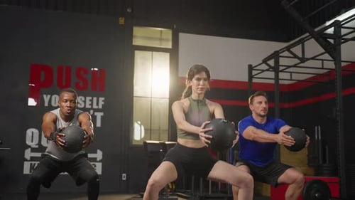 Gruppe junger Sportler, die gemeinsam im Fitnessclub Sport treiben.