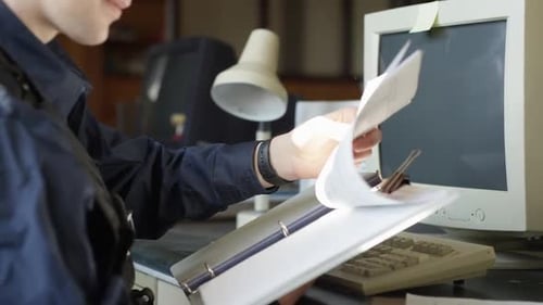 Police officer going over paperwork in office HD
