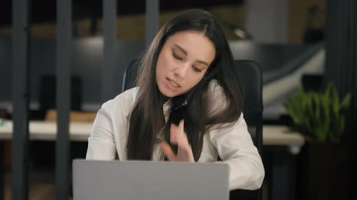 Woman Working on Laptop, Talking on Phone