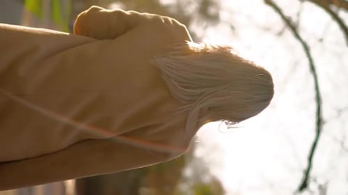 Unrecognizable Beautiful Business Woman Walks Through Sunset City Park to Work