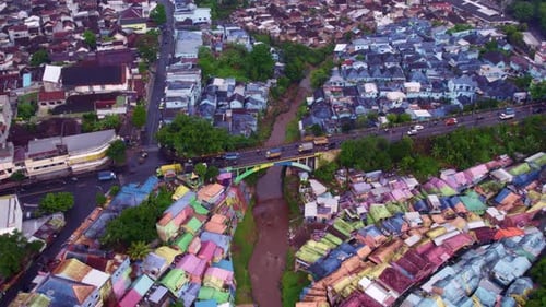 Aerial view of colourful Jodipan village, East Java, Indonesia.