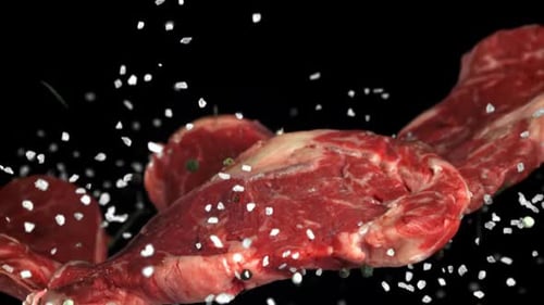 Beef Ribeye Steak Fly Up and Falls Down Filmed on a Highspeed Camera at 1000 Fps