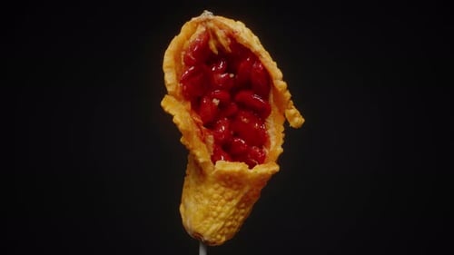 Melon amer à moitié suspendu dans l'air, mettant en valeur ses graines rouge vif et sa peau orange texturée