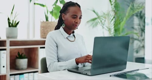 Business woman, thinking and laptop for online research in office and information on digital tech