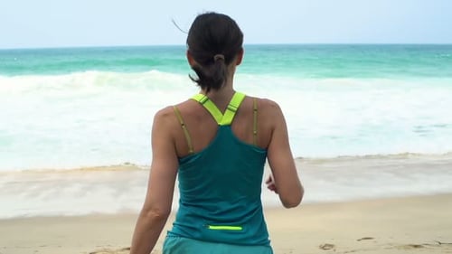 Tired Woman Resting After Jogging on Beach and Admire View Super Slow
