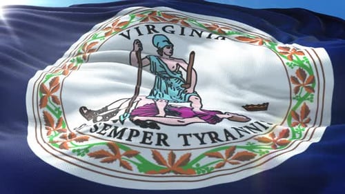 Realistic Waving Virginia State Flag Against Blue Sky