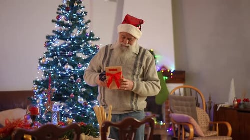 Man Unwraps a Christmas Present at Home