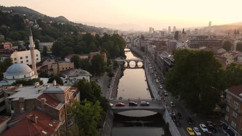 View of the historic center of Sarajevo, drone