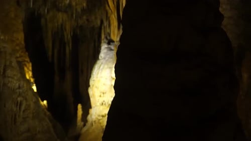Enthüllen Sie die Aufnahme eines beleuchteten Stalagmiten in den tiefen unterirdischen Höhlen der Luray-Höhlen in Virginia, USA. Dolly