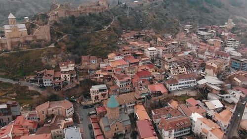 Panoramic Aerial View of the Old Center of Tbilisi in Georgia in Cloudy Weather