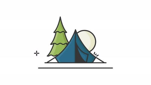 Animated Flat Design Camping Illustration with Tent and Moon