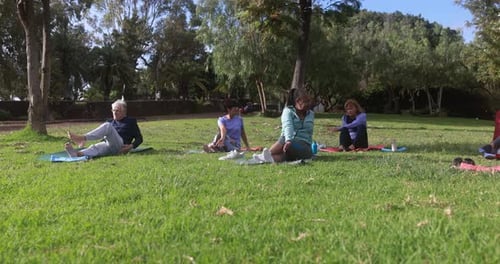 Multiracial senior people doing yoga stretching exercises outdoor with city park in background
