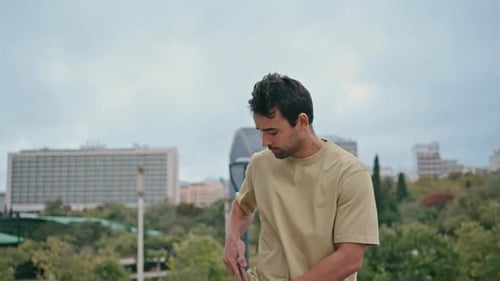 Carefree Guy Walking Upstairs City Taking Smartphone Answering Call Close Up