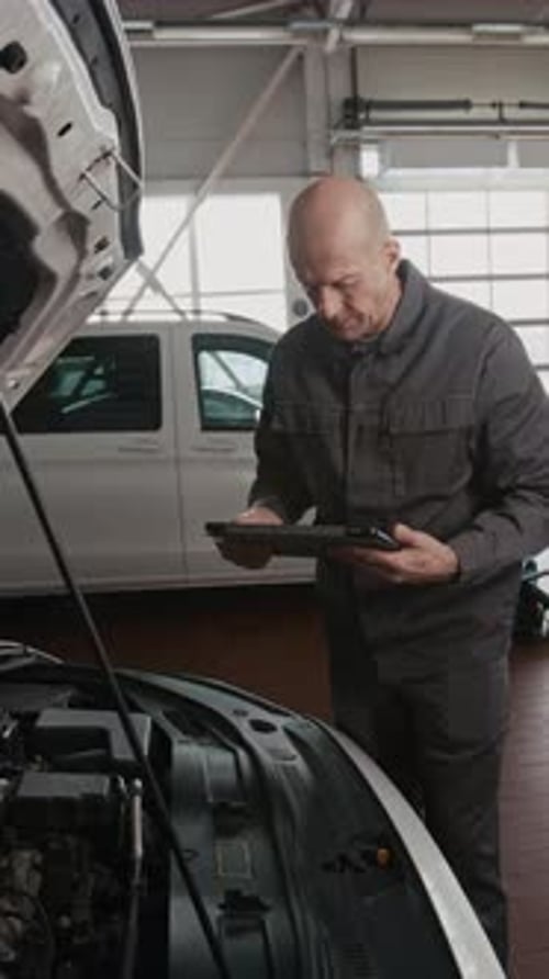 Mechanic Using Tablet Inspecting Car Engine in Garage