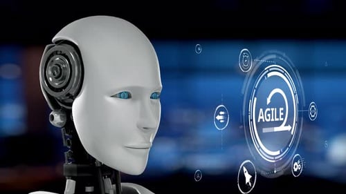 Futuristischer Roboter mit digitaler Schnittstelle steht für Innovation, Technologie, Cybersicherheit und Agilität