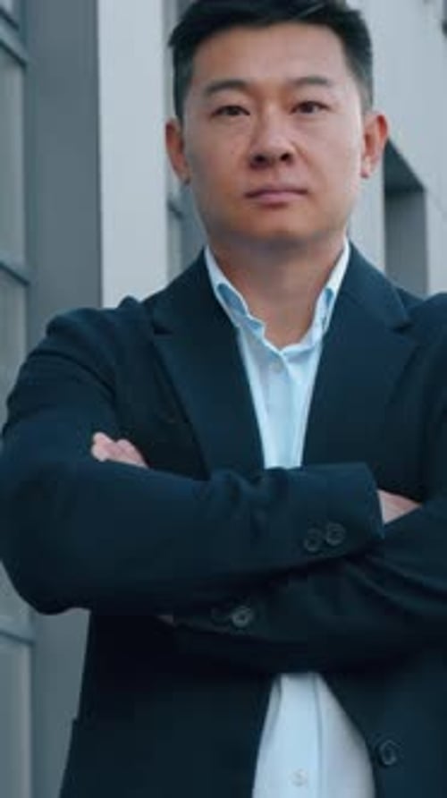 Portrait Confident Chinese Business Man Posing in City Crossed Hands Korean Businessman Looking at