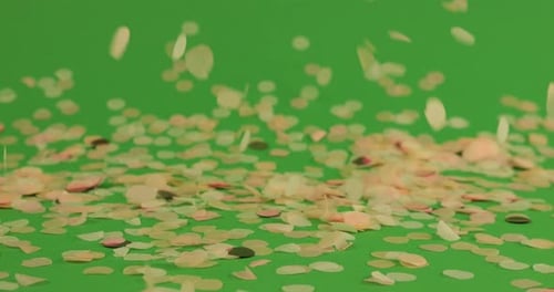 Falling confetti on a green background.