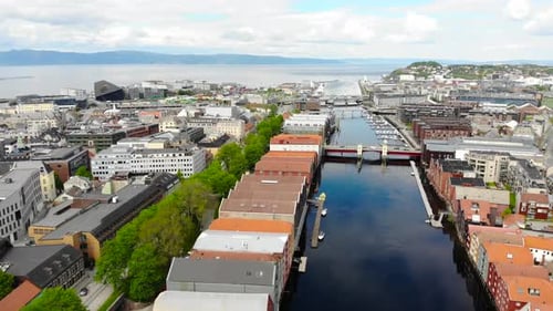 Aerial: Nidelva river in Trondheim, Norway