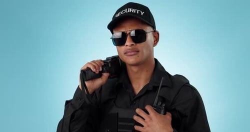 Security guard, studio face and man for protection service, safety responsibility