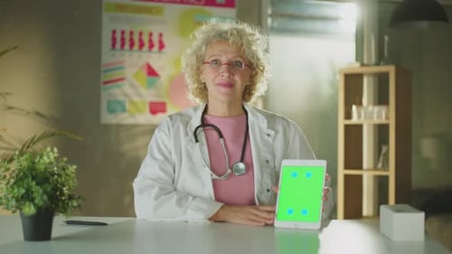 Physician holding a tablet with green screen