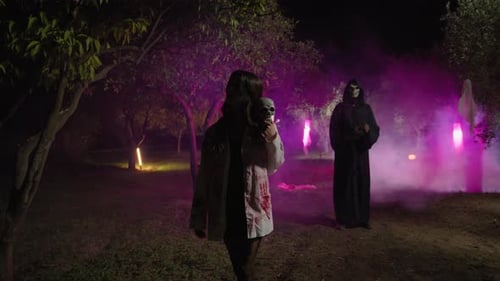 Zombie Woman And Death Walk On Halloween Night In The Haunted Forest