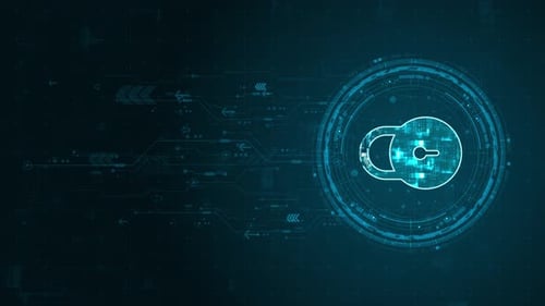 Blue digital security key logo and circle futuristic HUD elements with flowing arrows with network