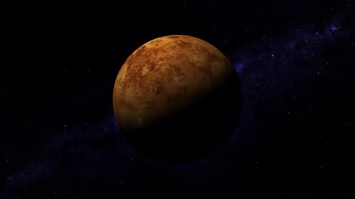 Animation des Planeten Venus vom Weltraum aus gesehen, Asteroiden, Wolke und Kosmos, nahe Umlaufbahn, Sterne. 1688