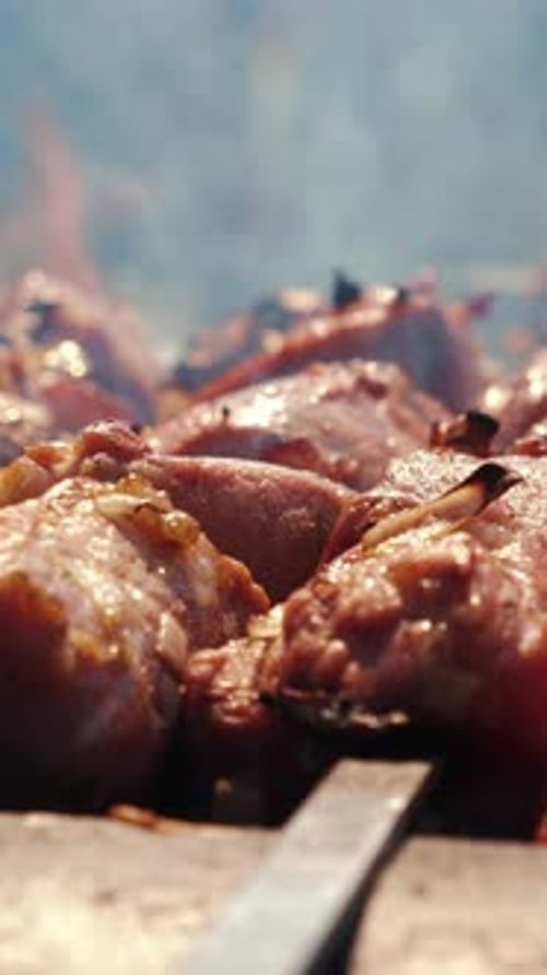 Carne frita en brocheta, de cerca. Lonchas de cerdo a la parrilla en barbacoa. Vídeo vertical